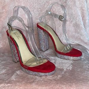 Vigo Fiore Rhinestone Block Heels Red